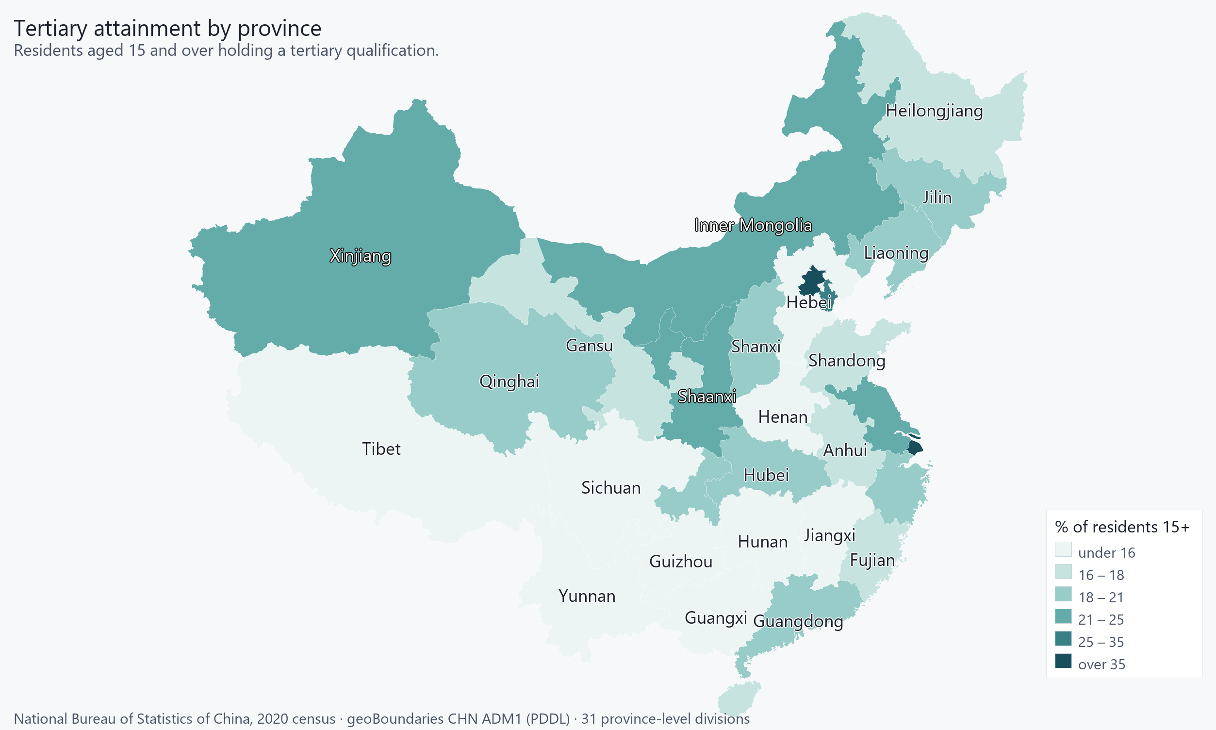 The 31 provinces shaded by the percentage of residents holding a university qualification.