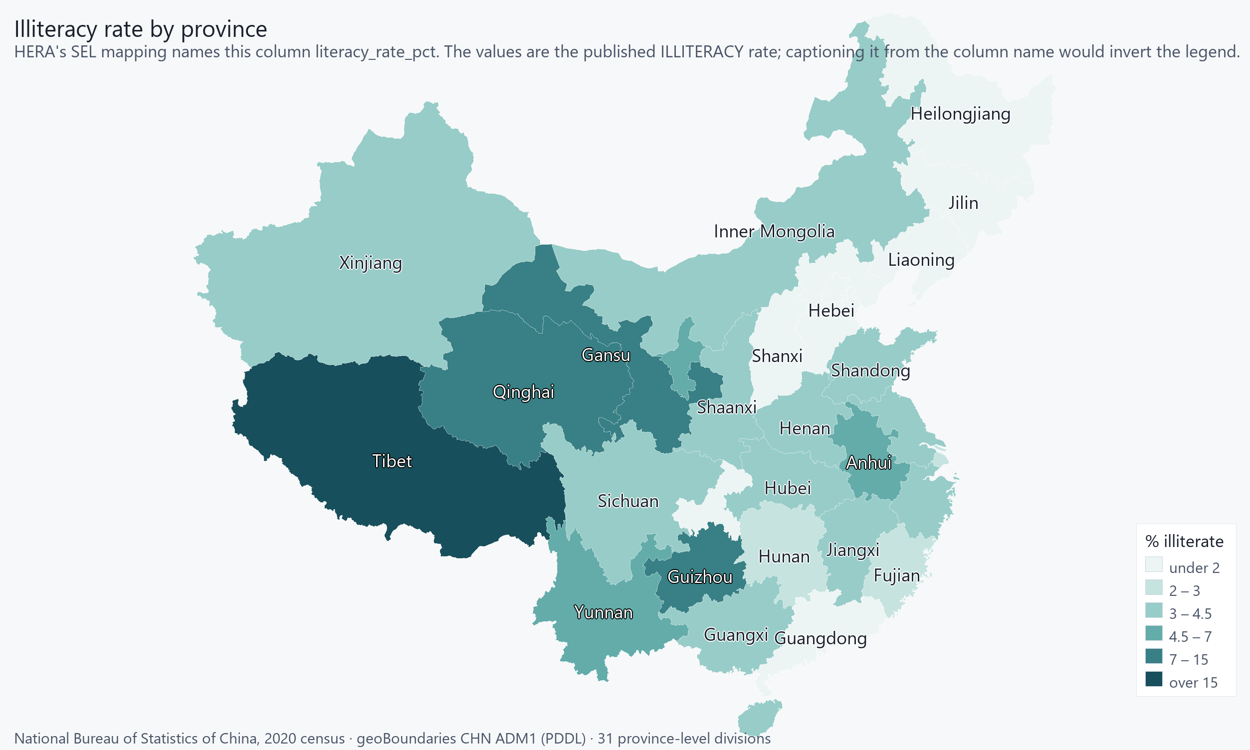 The 31 provinces shaded by the percentage of residents recorded as illiterate.