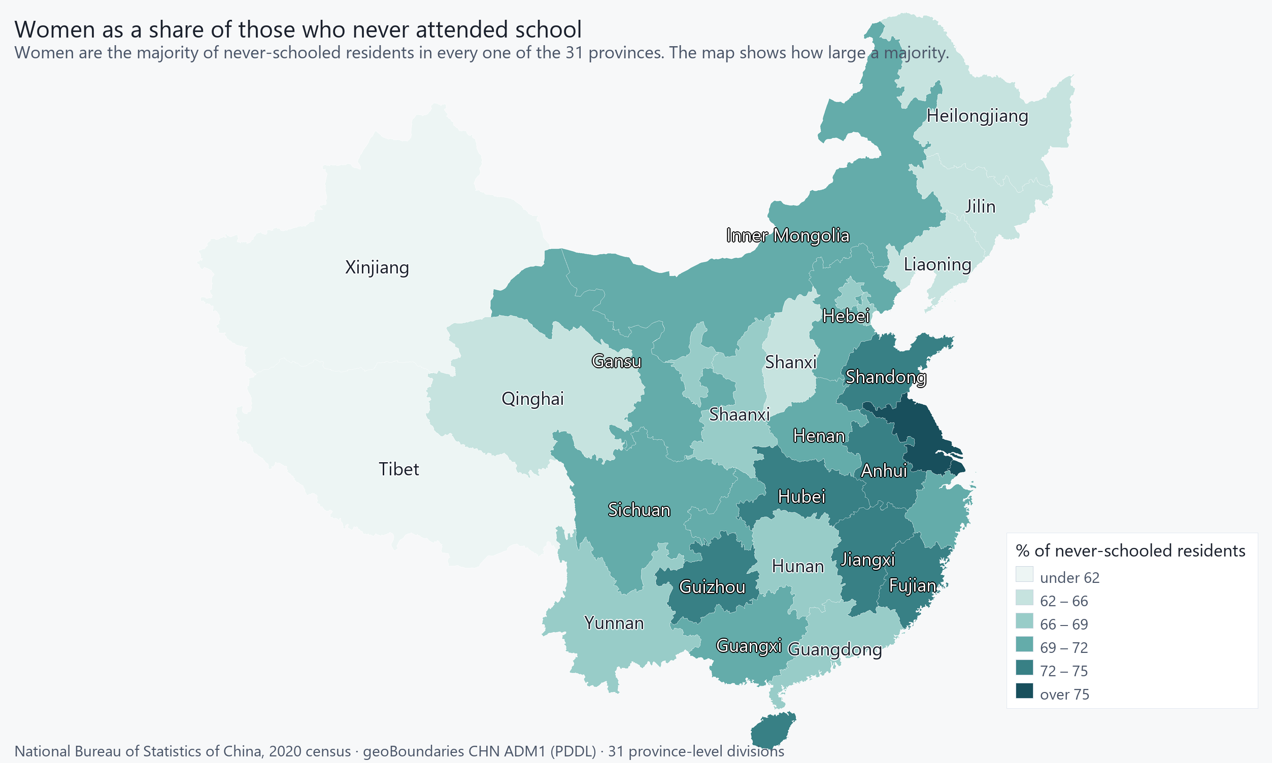 The 31 provinces shaded by the percentage of never-schooled residents who are women.