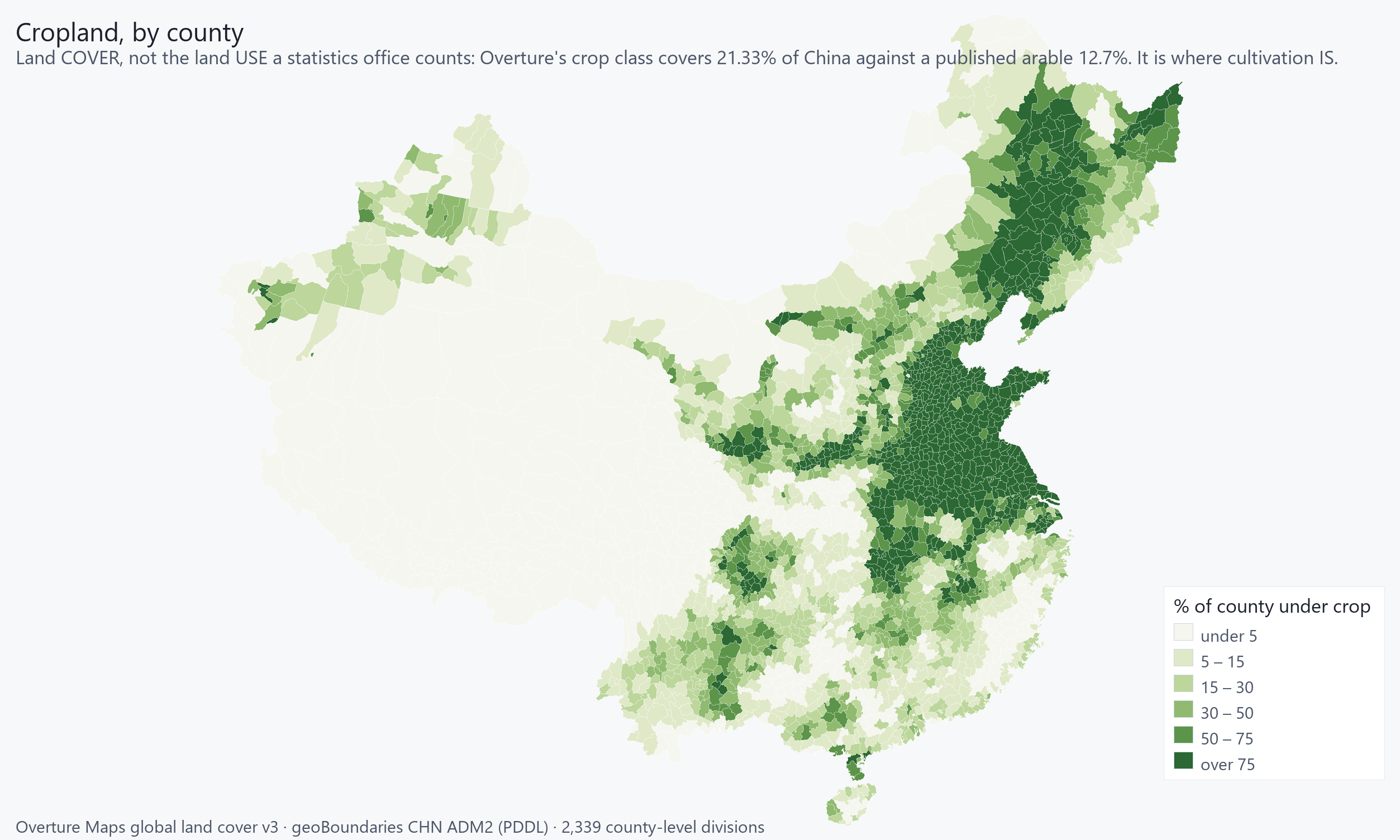 The share of each county under crop, dark across the North China Plain, the northeast grain belt and the Yangtze and Sichuan basins, empty across Tibet and the Xinjiang deserts.