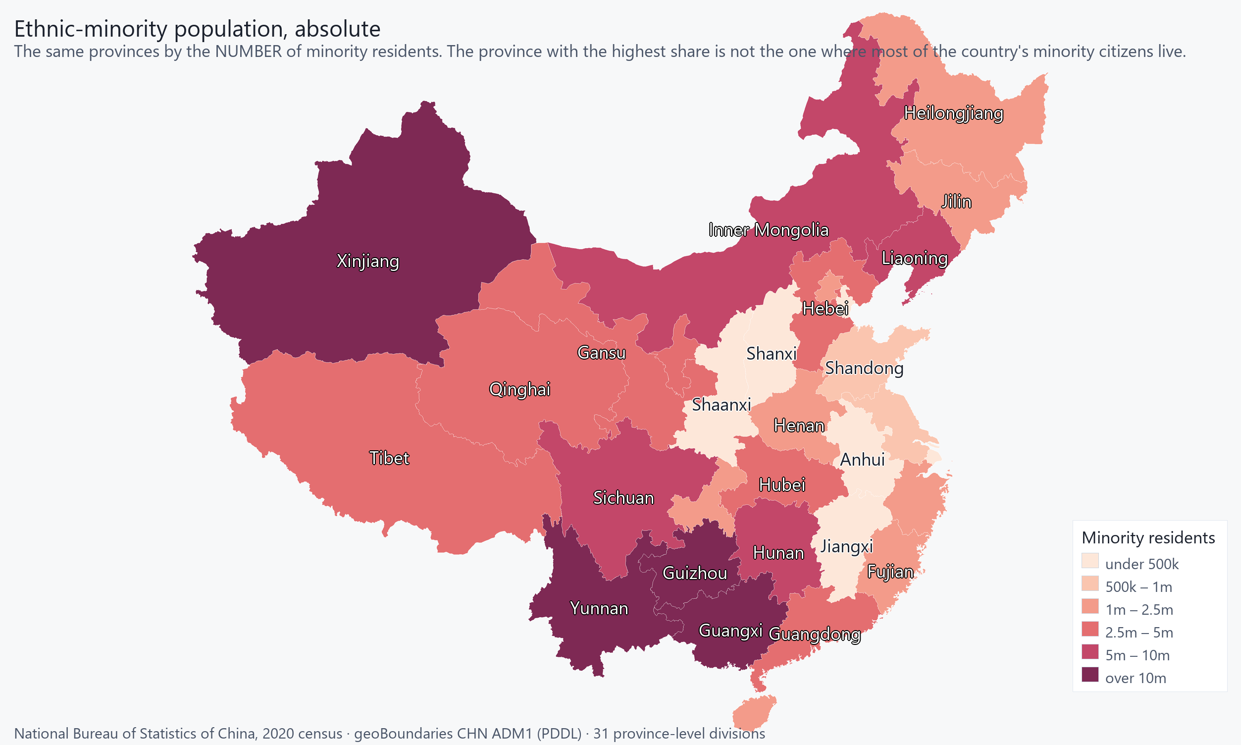 The same 31 provinces shaded by the number of minority residents rather than their share.