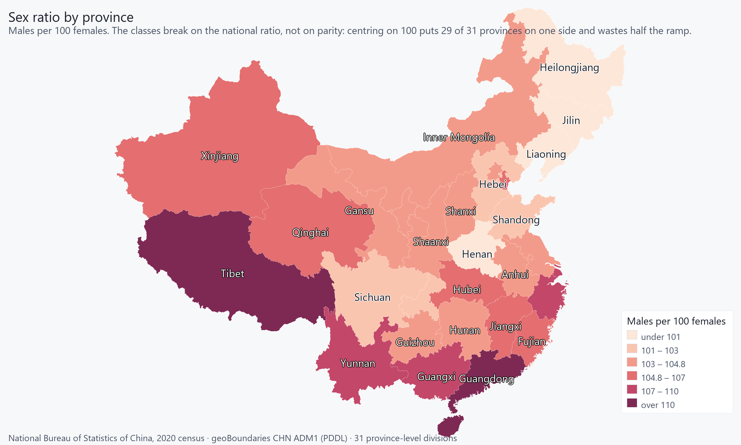 The 31 provinces shaded by males per 100 females, diverging around the national figure rather than around parity.
