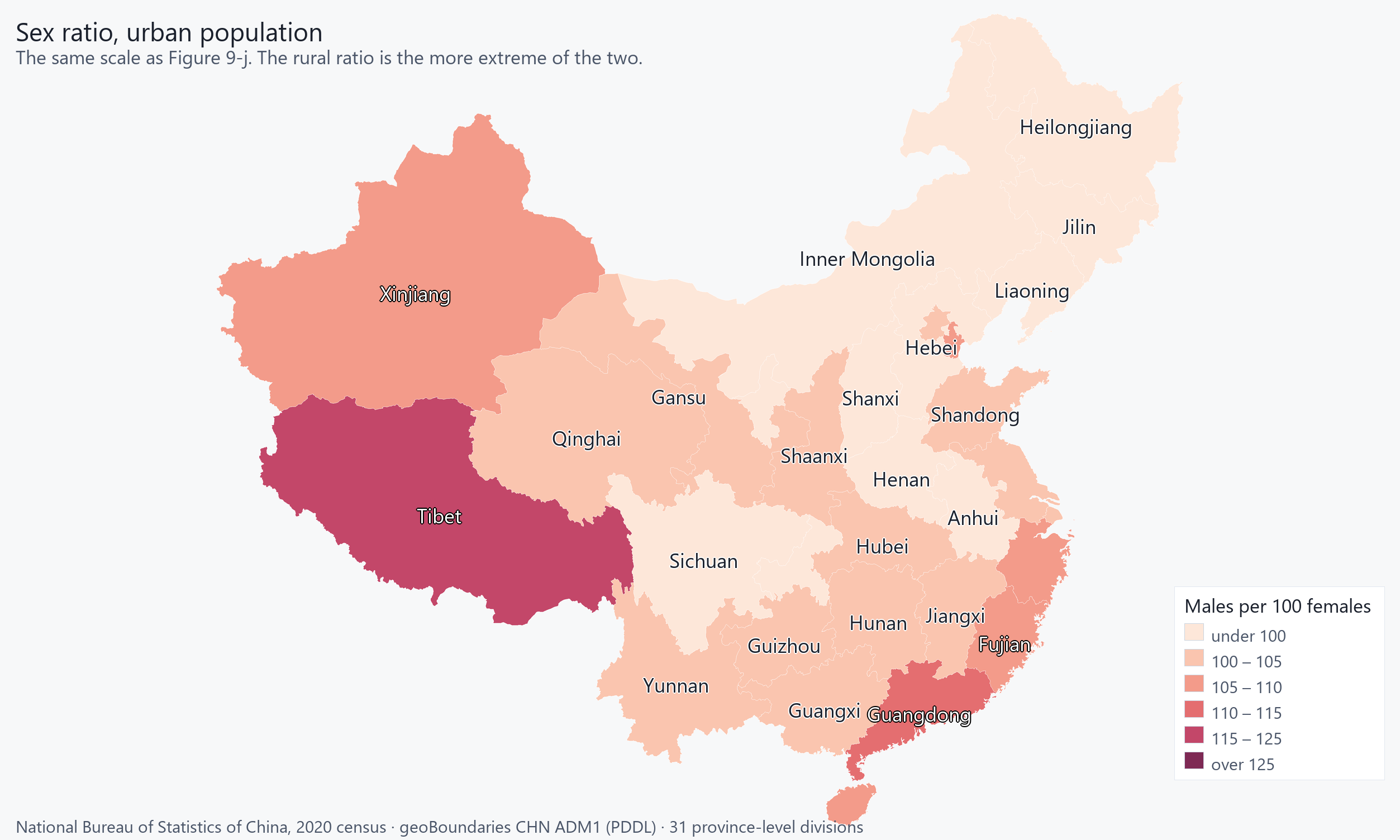 The same provinces shaded by males per 100 females among urban residents only, on the same scale as the rural map.