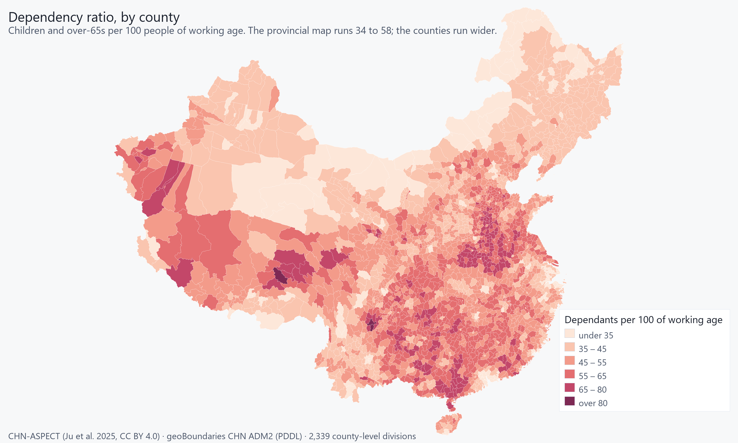 Dependency ratio across 2,339 county-level divisions: the industrial northeast pale, the interior south and the Tibetan plateau dark.