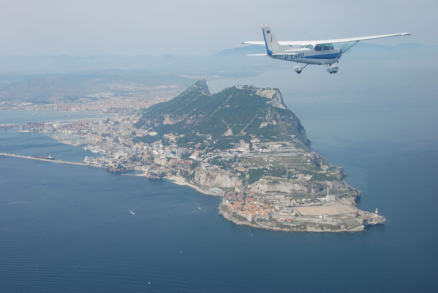 Aerial view of Gibraltar with light aircraft Cessna, Gibraltar