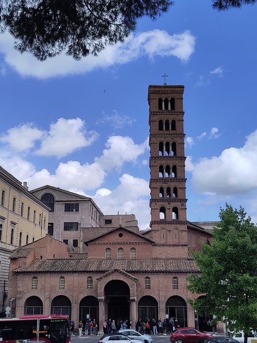 A church with a tower in Rome, Italy